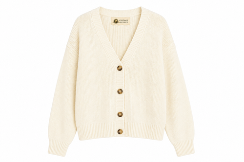 Cream-colored cardigan with gold buttons on a white background
