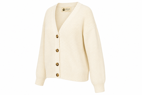 Cream-colored cardigan with buttons on a white background