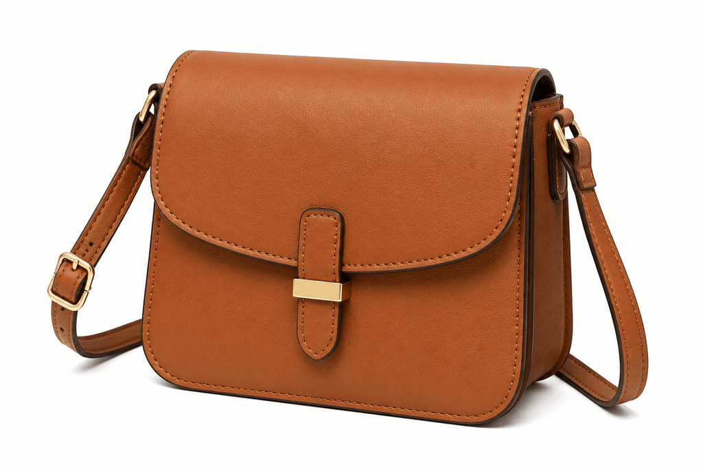 Brown leather handbag with a gold buckle on a white background
