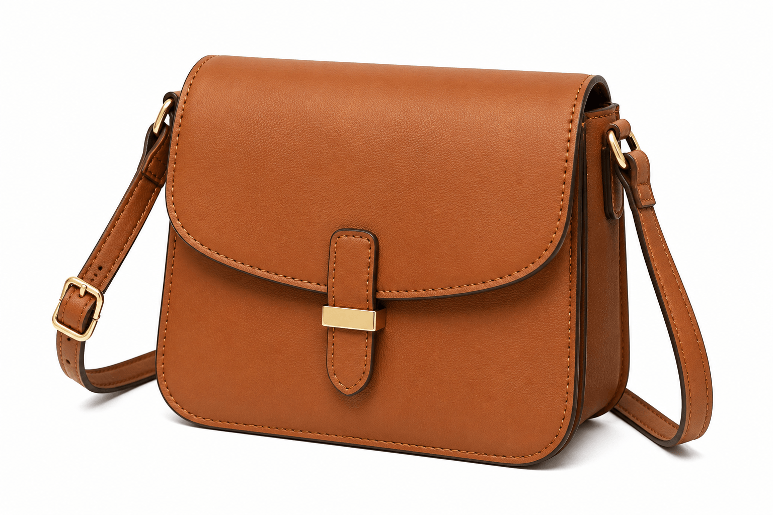 Brown leather handbag with a gold buckle on a white background