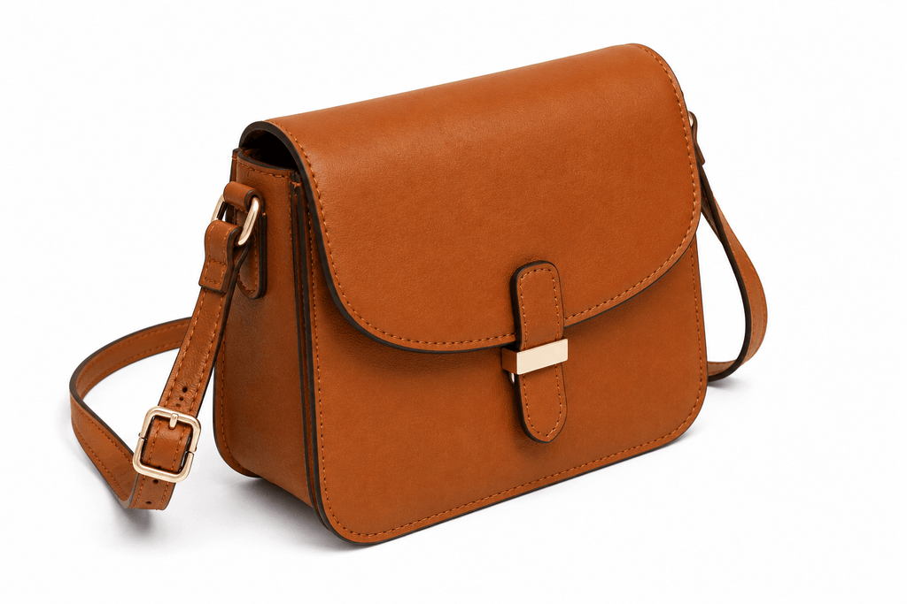 Brown leather handbag with a gold buckle on a white background