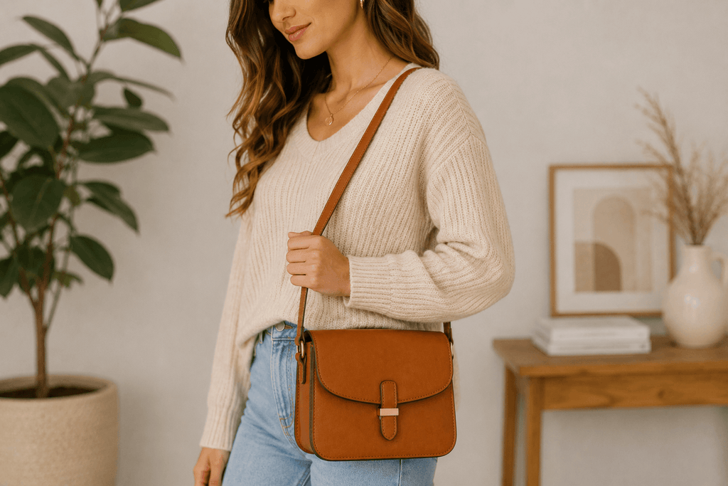 Woman holding a brown leather bag in a home setting