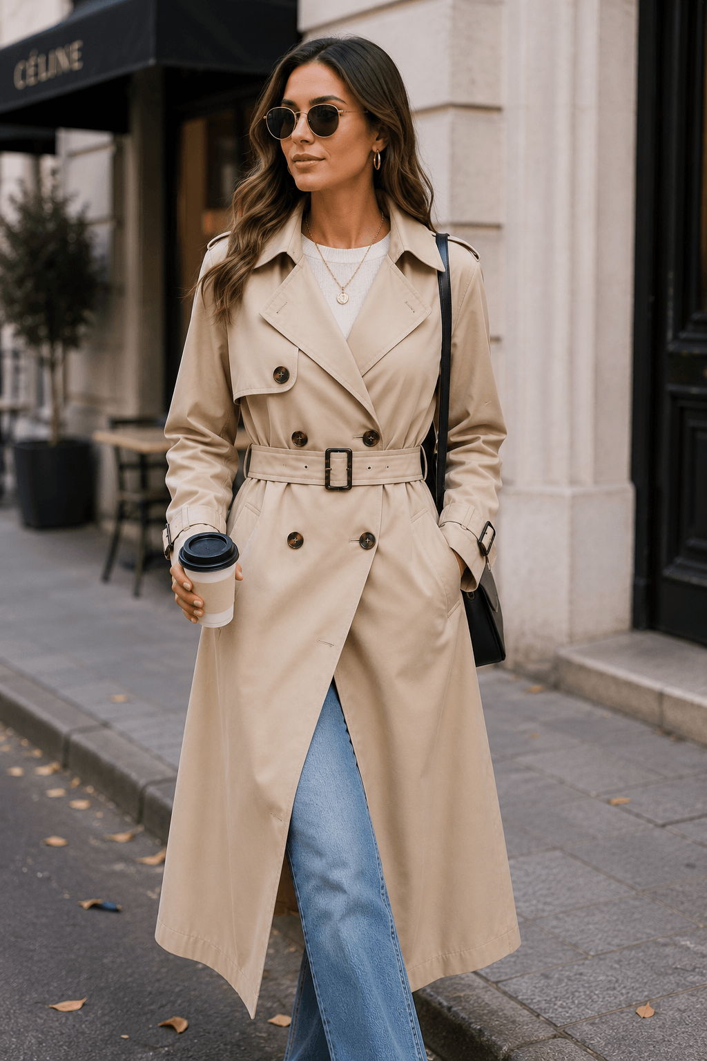 Vintages Boutique Women's Longline Belted Trench Coat in Beige