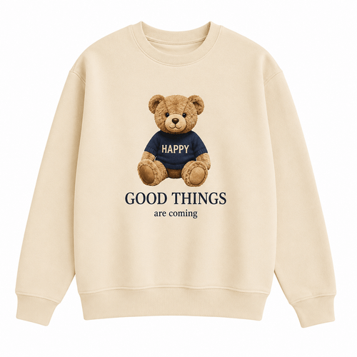 Beige sweatshirt with a teddy bear and text on a white background