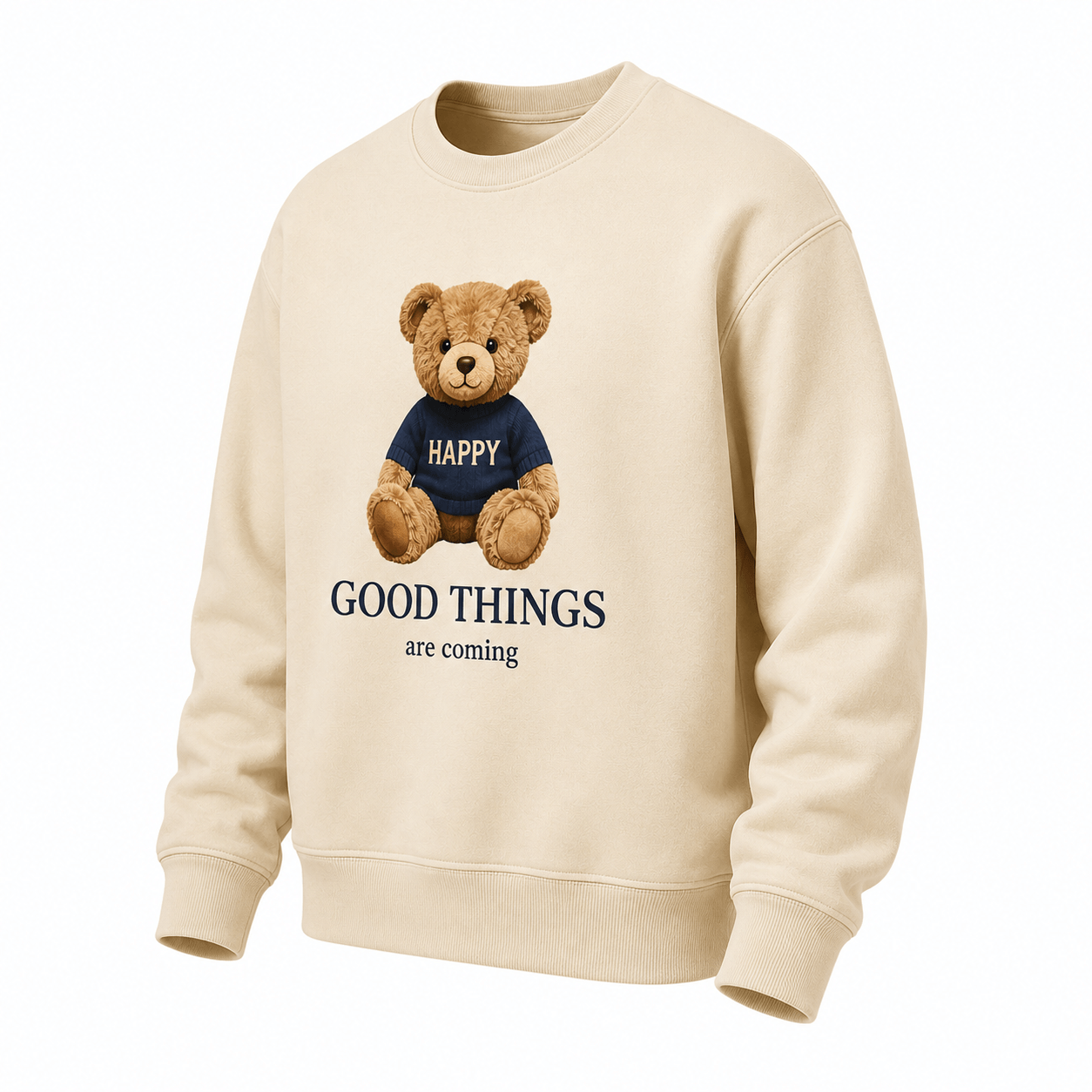 Beige sweatshirt with a teddy bear and text on a white background