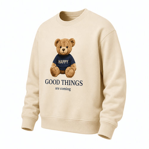 Beige sweatshirt with a teddy bear and text on a white background