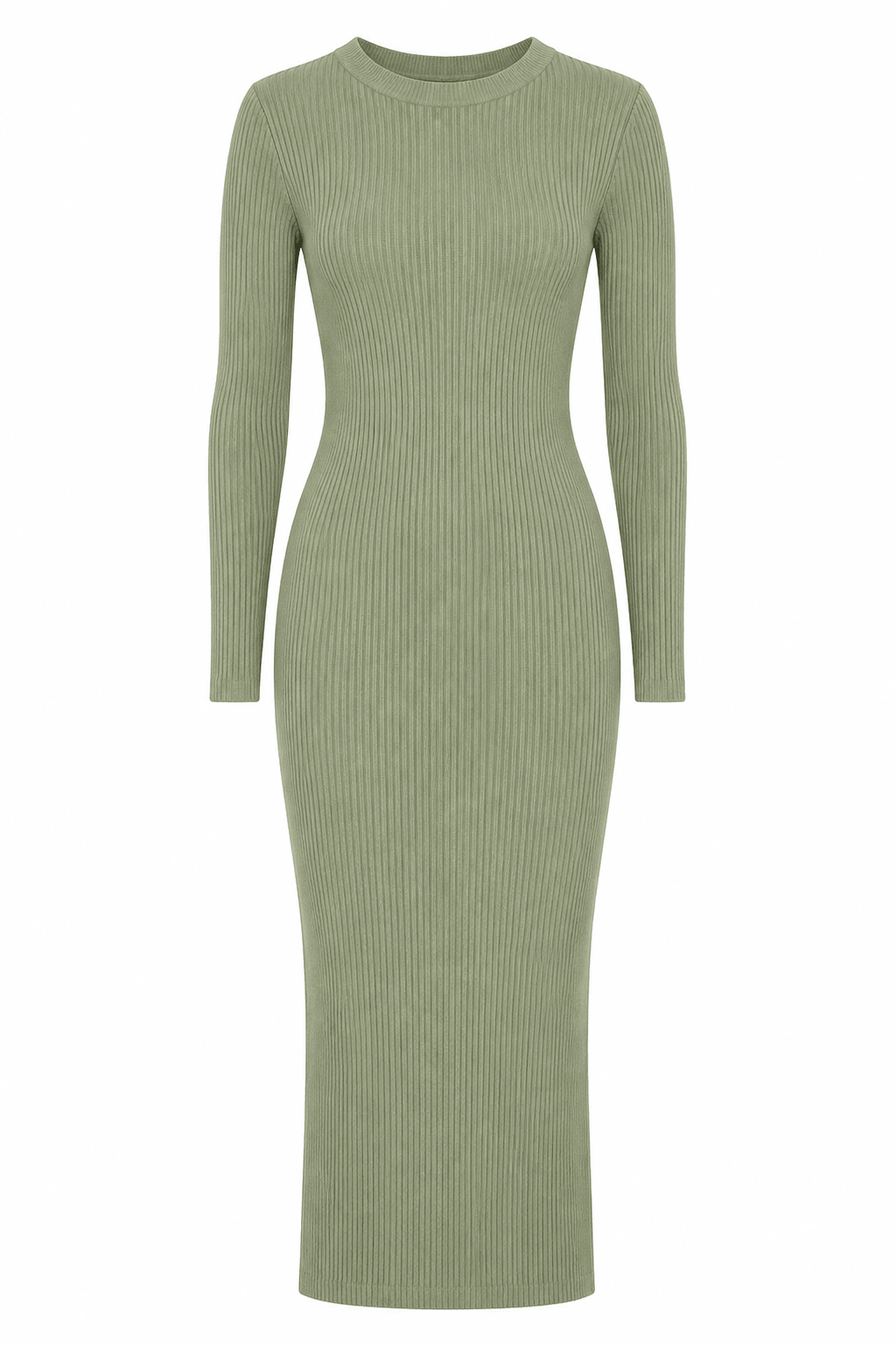 A sage green ribbed knit long-sleeve midi dress with a crew neck, shown on a plain white background.