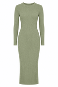 A sage green ribbed knit long-sleeve midi dress with a crew neck, shown on a plain white background.